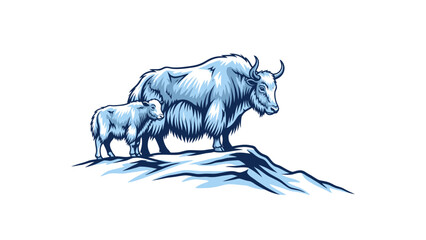 Obraz premium A commercial vector silhouette of a yak and calf, standing on a snowy Tibetan ridge