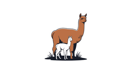 Fototapeta premium A commercial vector silhouette of an alpaca and cria, grazing peacefully in the Chilean Andes