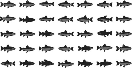 Fototapeta premium Multiple salmon fish silhouettes in various shades of gray on white background