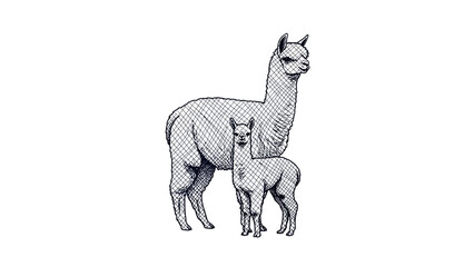 Fototapeta premium A Cross-Hatch Shading Silhouette of an Alpaca and Cria from Andean Foothills