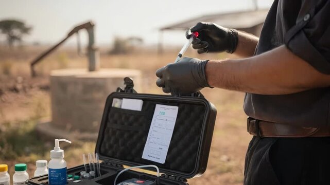 Engineer using portable testing kit at a rural well site capturing focused hands and equipment with an outoffocus water source backdrop.