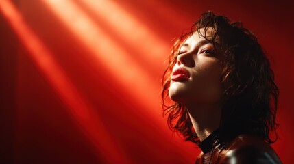 An elegant woman poses with a striking profile in dramatic lighting, showcasing her features against a captivating red background that conveys intensity and allure.