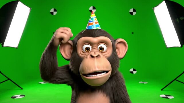Amusing 3D Animated Chimpanzee in Birthday Hat Looking Perplexed on Green Screen Studio Set