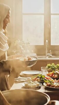 Person in robe serving traditional ful medames or fava bean stew with fresh toppings onto a decorative bowl for a homemade&nbsp;