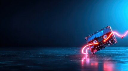 A retro cassette tape illuminated by vibrant neon lights, evoking nostalgia while blending retro aesthetics with modern design, perfect for music lovers and memories.