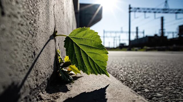 Vibrant green leaf sprouting from a concrete crack in an urban environment under bright sunlight for resilience concept and new beginnings