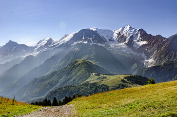 Obraz premium Mountain landscape with alpine flowers, snowy peaks and blue sky, summer travel adventure in scenic highlands