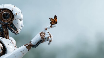 A stunning futuristic robot is depicted delicately interacting with a butterfly, symbolizing harmony between technology and nature in a captivating artistic representation.