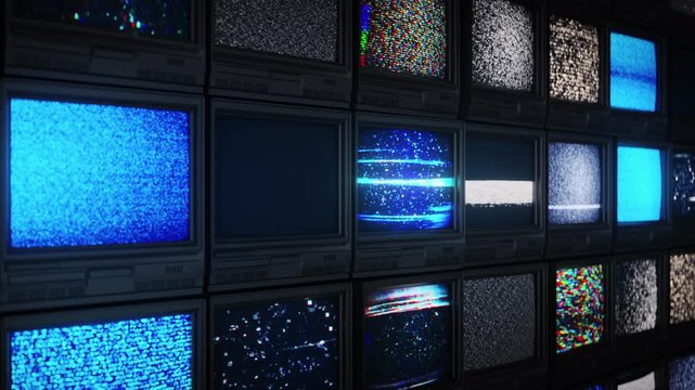 Wall of retro CRT TV sets with static noise. 3D render seamless loop animation