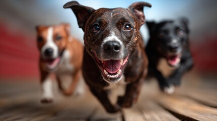 This dynamic scene captures three joyful dogs running freely along a wooden pathway, radiating happiness and playfulness, perfect for pet lovers and animal enthusiasts.