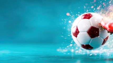 Naklejka premium An intense moment captured as a soccer player connects with the ball, sending it flying with powerful momentum, showcasing the thrill and excitement of sports.