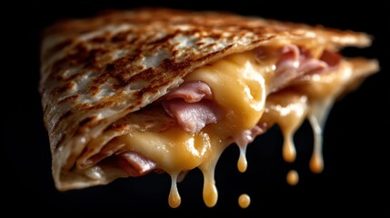 A delicious, gooey ham and cheese crepe features layers of melted cheese and savory ham, tempting food lovers with its warm, appetizing appearance and comfort food appeal.