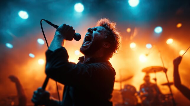 An electrifying moment captured of a lead singer passionately performing on stage, surrounded by dramatic lighting and an energetic crowd at a live concert.