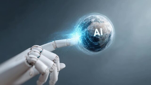 Advanced robotic manipulator engaging holographic globe, representing ai technological innovation encompassing worldwide connectivity and transformative potential