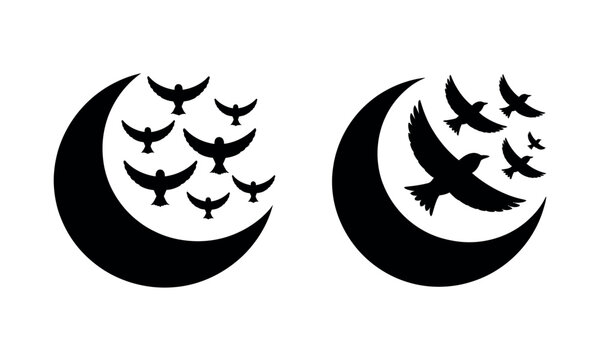 Minimalist crescent moon and flying birds silhouette icons, celestial night sky graphic elements, black lunar and bird flock vector set