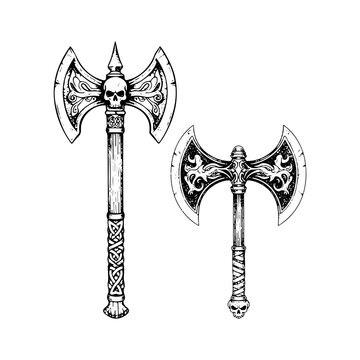 Ornate double headed axes with skulls and Celtic designs
