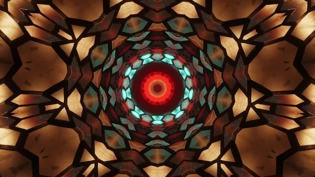 Looping Kaleidoscope Mandala Tunnel, Warm Mosaic Abstract VJ Background