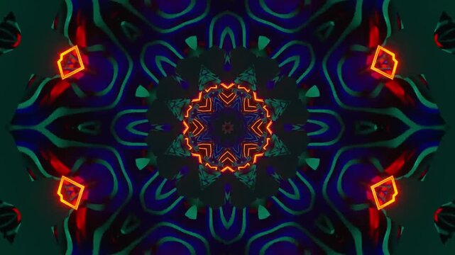 Neon Kaleidoscope Mandala VJ Loop in Dark Teal, Seamless Abstract Background