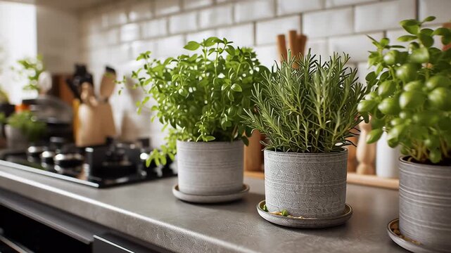 Potted green herbs on modern kitchen counter in warm light, fresh home gardening for healthy cooking