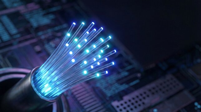 Glowing Blue Fiber Optic Cable Macro Close-Up