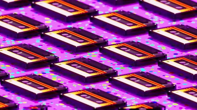 Retro Cassette Tapes Arranged in a Repeating Pattern on a Sparkly Background