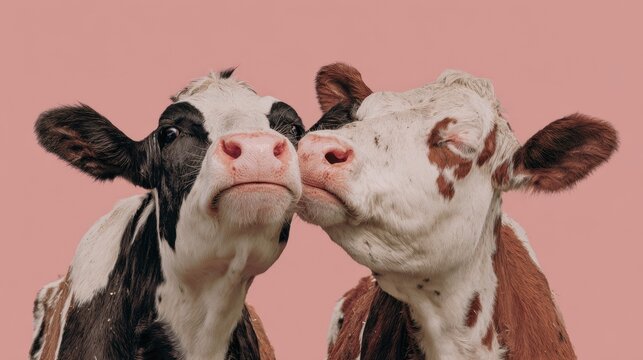 Two cute calves kissing on pink background. Funny cow couple showing affection.