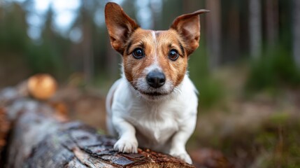 A lively small dog is curiously exploring a tranquil forest setting, showcasing its playful nature against a backdrop of tall trees and natural beauty.