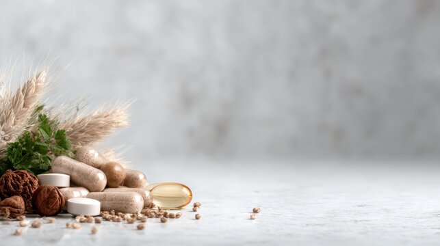 An artistic arrangement of natural supplements showcases various capsules and herbs on a smooth surface, reflecting a health-conscious lifestyle and approach.