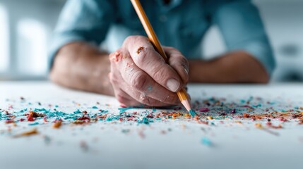 Naklejka premium A close-up captures a creative individual writing intensely using a pencil, surrounded by colorful shavings, highlighting the artistic process and the joy of expression through art.