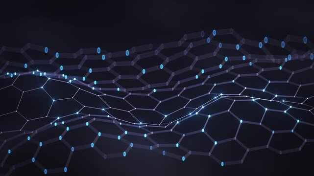 Flowing hexagonal mesh with glowing blue nodes and connections, representing digital networks, data flow, blockchain, and advanced technology concepts. 3D render seamless loop animation