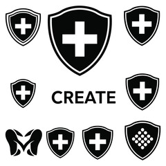 Obraz premium Collection of black and white medical shield icons with crosses and patterns in a grid layout