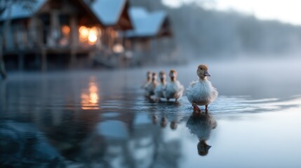 A charming scene featuring ducklings waddling in calm water at dawn, surrounded by mist and a tranquil environment that evokes feelings of peace and nature's simplicity.