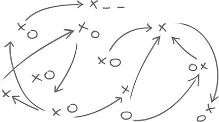 Hand-drawn strategy game plan diagram with X and O symbols for football, basketball, handball, sketched black marker, isolated on white background © Palash