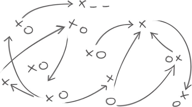 Hand-drawn strategy game plan diagram with X and O symbols for football, basketball, handball, sketched black marker, isolated on white background