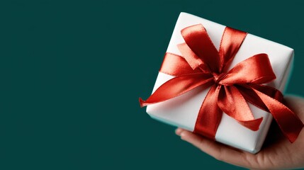 An elegantly wrapped gift box held in hands, adorned with a shiny red ribbon, symbolizing celebration and the joy of giving on a rich teal background.