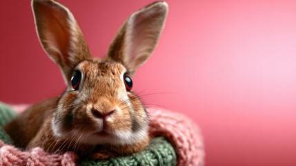 Obraz premium This charming image features a cute brown bunny looking directly at the camera, nestled in a lovely knit basket against a soft pink background, providing an inviting atmosphere.