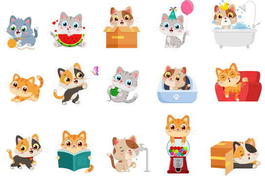 Cute Cat Cartoon Characters In Different Poses &ndash; Vector Flat Design Collection Set Isolated On Transparent Background