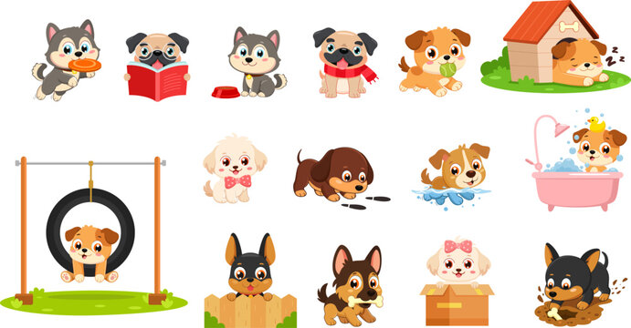 Cute Puppy Dog Cartoon Characters In Different Poses &ndash; Vector Flat Design Collection Set Isolated On Transparent Background