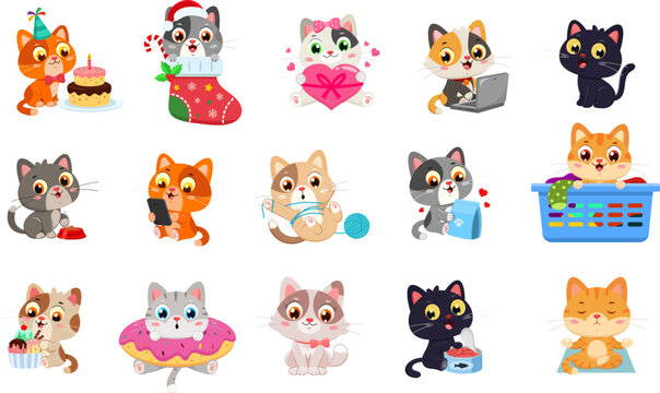 Cute Cat Cartoon Characters In Different Poses &ndash; Vector Flat Design Collection Set Isolated On Transparent Background