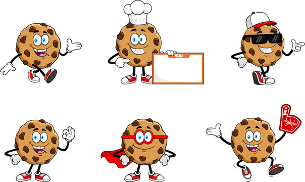 Cookie Cartoon Characters In Different Poses - Vector Hand Drawn Collection Set Isolated On Transparent Background