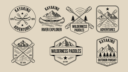 Vintage kayaking logo set with paddles, canoe, river waves, and outdoor adventure badges, minimalist line art