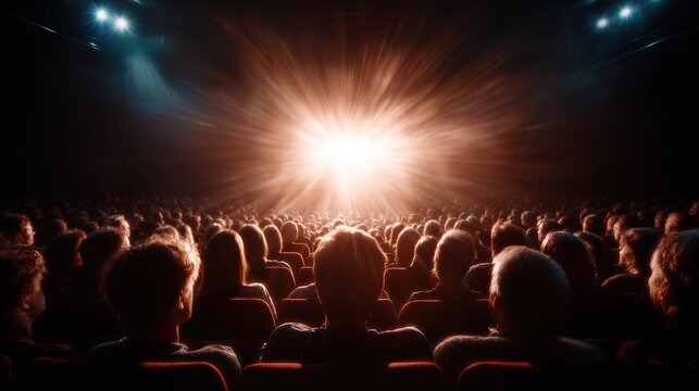 A dense crowd of viewers gazes at an intense burst of stage lighting, symbolizing dramatic moments and the electrifying energy of live performances.