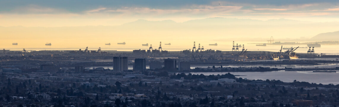 Port of Oakland, Many Container Ships Anchored in San Francisco Bay amidst port congestion