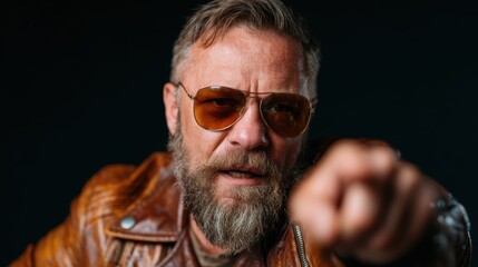 Obraz premium A rugged man with a beard and sunglasses points assertively while wearing a brown leather jacket, presenting a strong and commanding presence, set against a dark background.