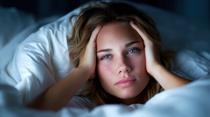 Fototapeta premium A young woman lies in bed, visibly stressed as she holds her head in her hands, capturing a raw moment of anxiety and the need for peace amidst life's chaos and challenges.