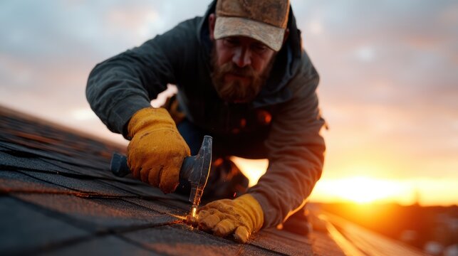 A hard-working man repairs a roof during a stunning sunset, demonstrating dedication and skill while silhouetted against a breathtaking evening sky of vibrant colors.