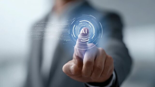 Businessman wearing a suit touches a digital button activating artificial intelligence system, symbolized by ai letters and futuristic graphics