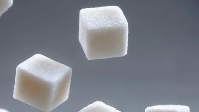 Falling white sugar cubes are elegantly suspended against a light grey background, representing the significant reduction of sugar intake. This visual symbolizes a sugar-free lifestyle and