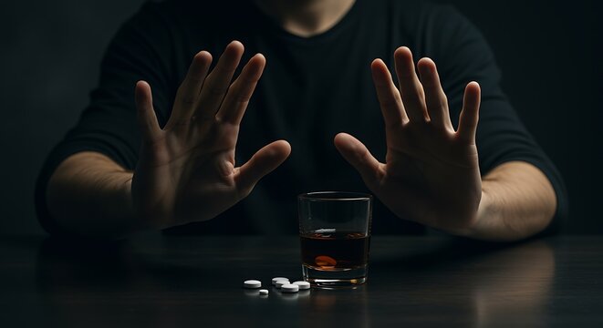 man refusing alcohol and pills on table in front of him
