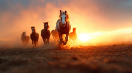 This majestic image captures a herd of horses galloping boldly into a stunning sunset, illustrating freedom, power, and the beauty of nature in action and motion.